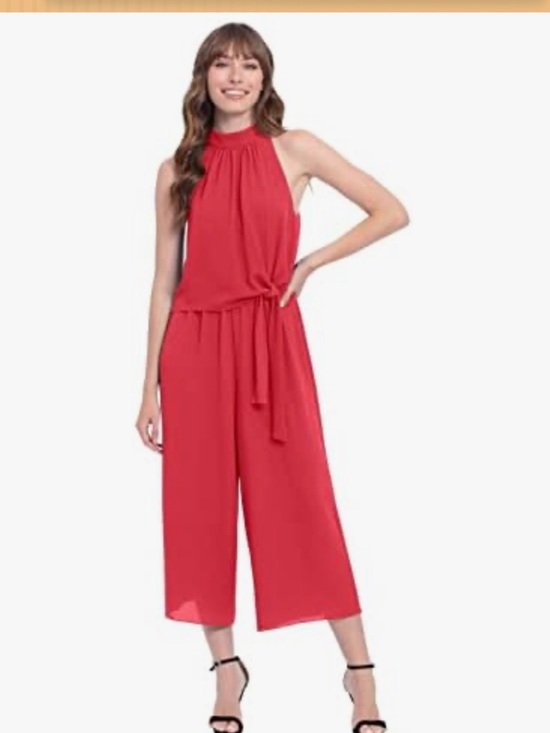 London Times Pants - London Times Red Sleeveless Halter Wide-Leg Cropped Jumpsuit